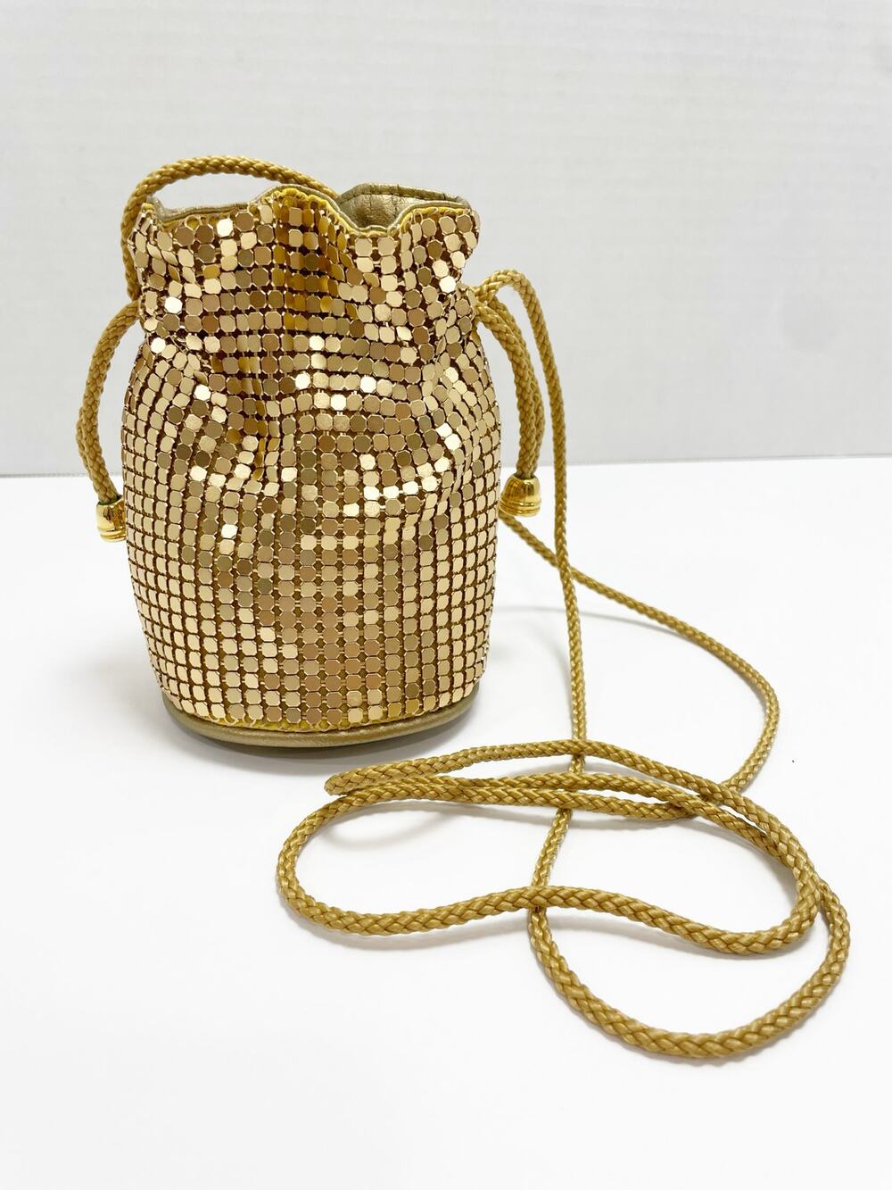 Y&S Metal Mesh Gold Drawstring Crossbody Purse Vintage